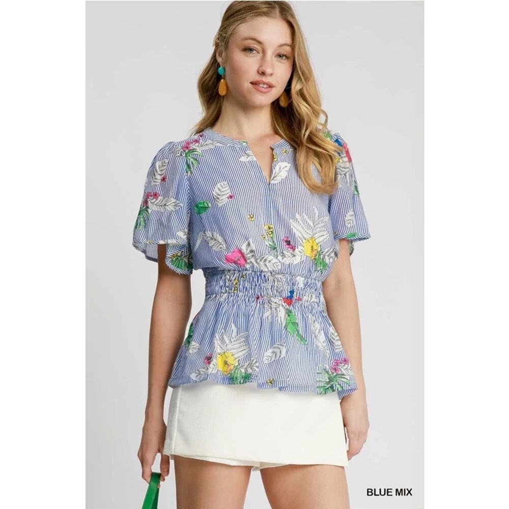 Umgee Blue Mix Floral Striped Peplum Blouse